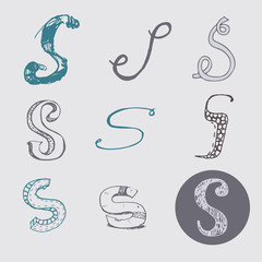 Original letters S set, isolated on light gray background. Alphabet symbols, editable, hand drawn, creative, in different variations, Italic, 3d, freehand, drawn with brush and nib vector Illustration