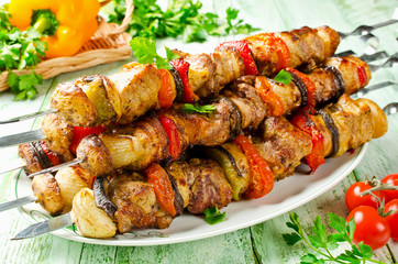 Skewers of pork and vegetables. Barbecuing lunch