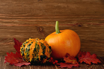 decorative pumpkins and autumn leaves