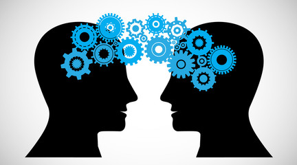 Concept of Brain storming, Knowledge sharing between to people head, this was shown through cogwheels transferring from one human brain to other, this also represents creative mind, innovation