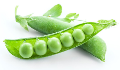 Open pea pod on a white background.