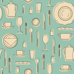 Seamless pattern with kitchen equipments. Set of hand drawn cookware. Kitchen equipments. Silhouettes of kitchen utensils. Vintage style. Vector illustration.