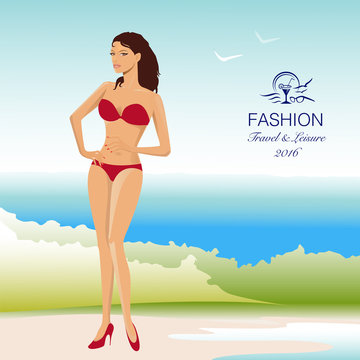 Beautiful, stylish woman in bikini swimsuit on beach. Vector Illustration