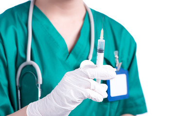 Nurse or female doctor holding an injection needle 