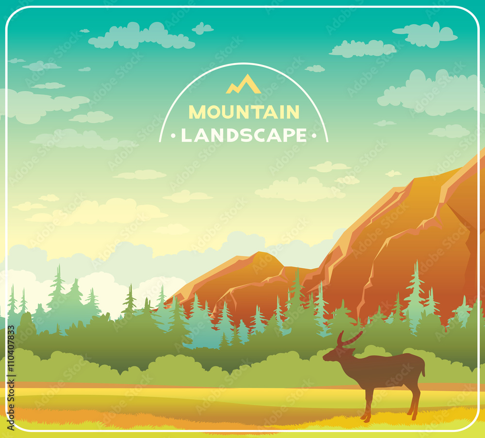 Wall mural mountain landscape - deer and forest.