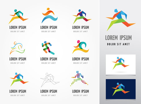 Running marathon, people run, colorful icon set