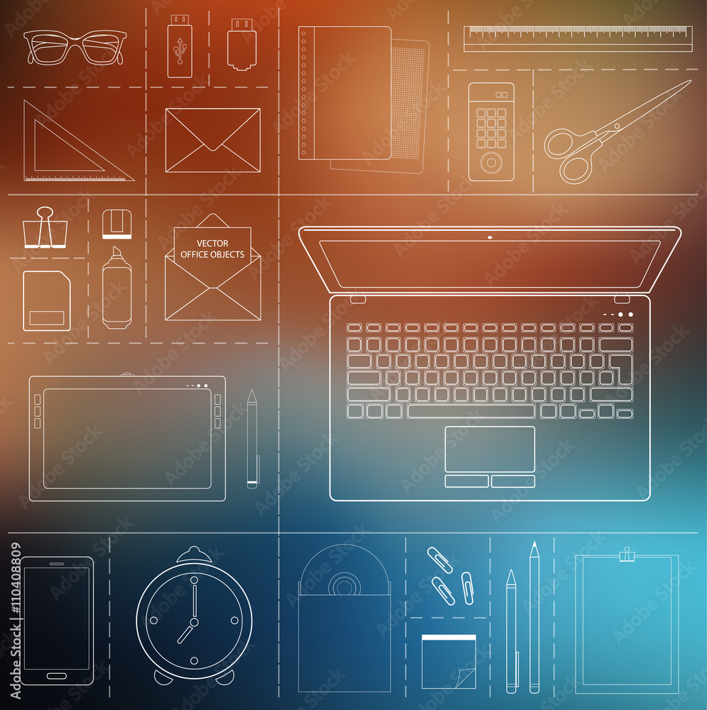 Aufkleber computer device, office objects and business working elements