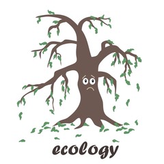 Withered tree with deciduous leaves on a white background. Icon.