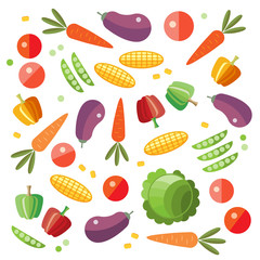 Vegetable set. Tomato, carrot, cabbage, eggplant, pepper, corn vector illustration
