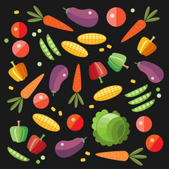 Vegetable set. Tomato, carrot, cabbage, eggplant, pepper, corn vector illustration