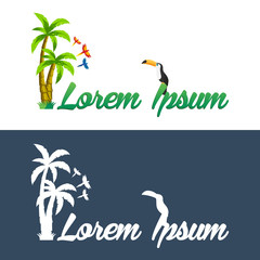 Palm logo. Toucan. Three parrots