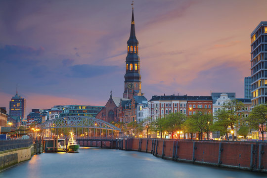 Hamburg. Image of Hamburg- Speicherstadt during twilight blue hour.