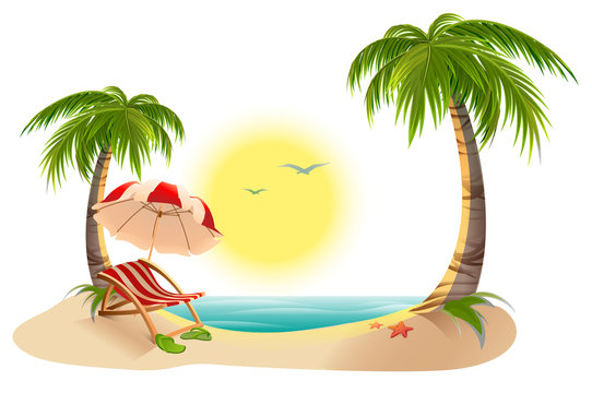 Beach chaise longue under palm tree. Beach umbrella. Summer vacation in tropics