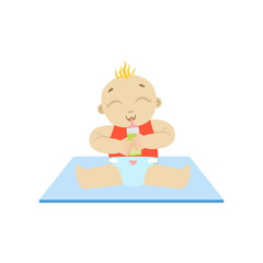 Baby In Red With Milk Bottle