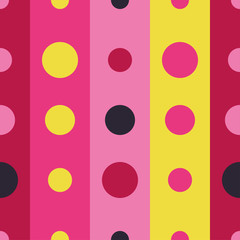 Seamless vector decorative background with strips and polka dots. Print. Cloth design, wallpaper.