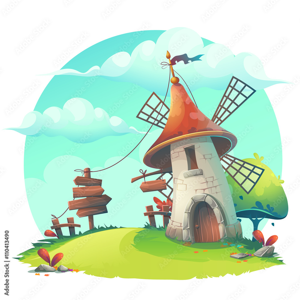 Wall mural Vector cartoon illustration - background with a windmill - Wall murals
