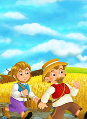 Obraz na płótnie Canvas Beautifully colored cartoon characters - young men - travelers in the village - illustration for children
