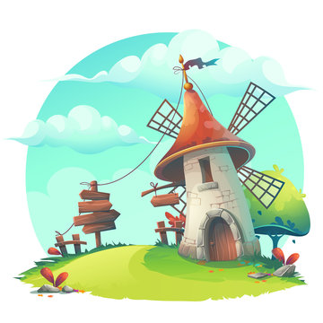 Vector Cartoon Illustration - Background With A Windmill