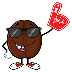 Funny Coffee Bean Cartoon Mascot Character With Sunglases Wearing A Foam Finger