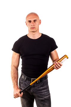 Violence and aggression concept - furious screaming angry man hand holding baseball sport bat