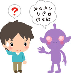 宇宙人に話しかけられて戸惑う男性