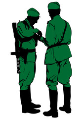 Soldier in uniform with flag on white background