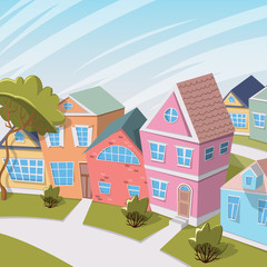 Obraz na płótnie Canvas City landscape with houses and trees. Cartoon vector illustration