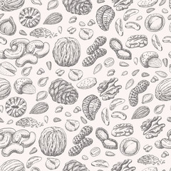 Seamless pattern with seeds and nuts on a white background