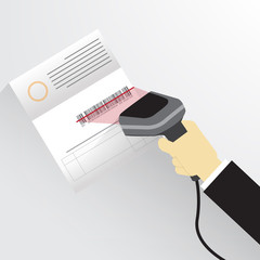 hand hold barcode Reader and scans barcode.  © momoforsale