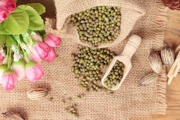 Green beans dry on wood background.