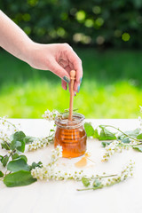 Honey dripping from a wooden honey dipper in a jar. Female hands holding wooden honey dipper.