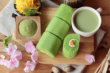 Green tea cake roll and matcha green tea.