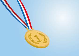 number one gold medal with ribbon on blue background. vector eps 10
