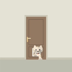 Cat Passing Through The Door For Cat Vector Illustration.