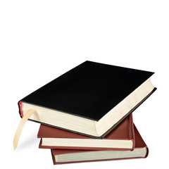 a stack of three books with bookmark