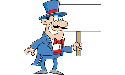 Cartoon illustration of a man in a top hat holding a sign.
