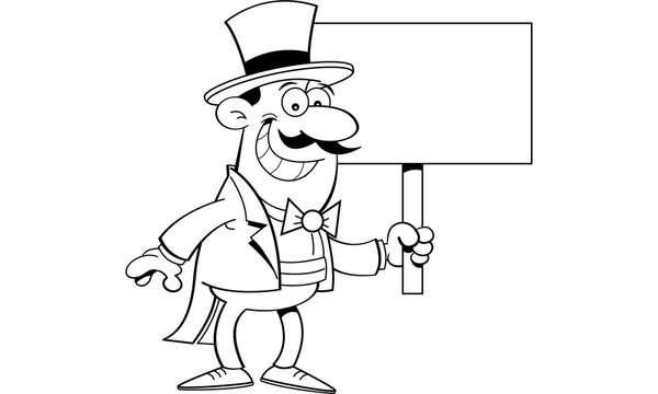 recommend clip art: Black and white illustration of a man in a top hat holding a sign.