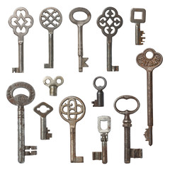 collection of vintage skeleton keys isolated on white