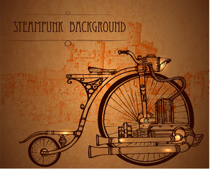 Retro bike. Bicycle in steampunk style. Template blank in steampunk style. Vintage background