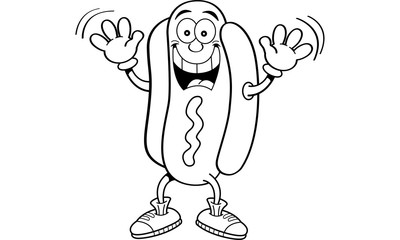 Black and white illustration of a hotdog waving