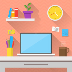 Flat design vector illustration of modern office interior. Creative cartoon office workspace with computer, notes, folders, books, plants, mug, clock. Flat minimalistic style and color, long shadows. 