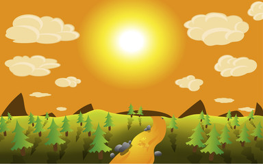 The image of a beautiful landscape. Vector image of forests, rivers and mountains for your project.