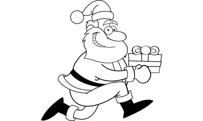 Black and white illustration of Santa Claus running with a gift