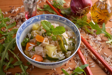 Chinese bowl with vegetable risotto of various vegetables