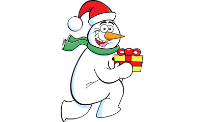 Cartoon illustration of a running snowman holding a gift.