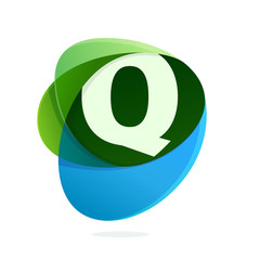 Q letter with green leaves and blue drops.