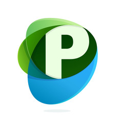 P letter with green leaves and blue drops.