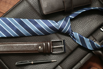Collection of man's business accessories and clothes.