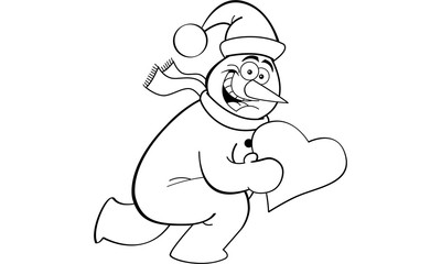 Black and white illustration of a running snowman holding a heart.