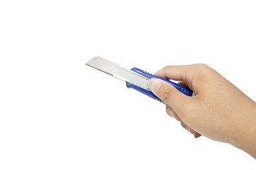 Man hand holding a cutter on a white background.
